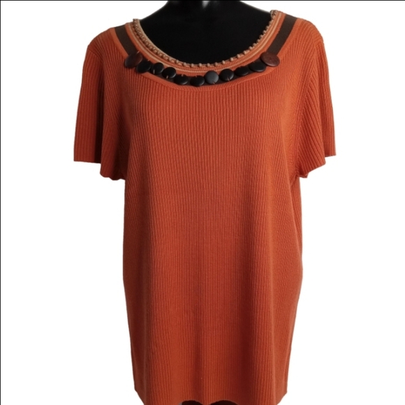 R.Q.T. SHORT SLEEVE PULLOVER SWEATER SIZE XL ORANGE WITH BRN.& TAN BEADING - Picture 2 of 10